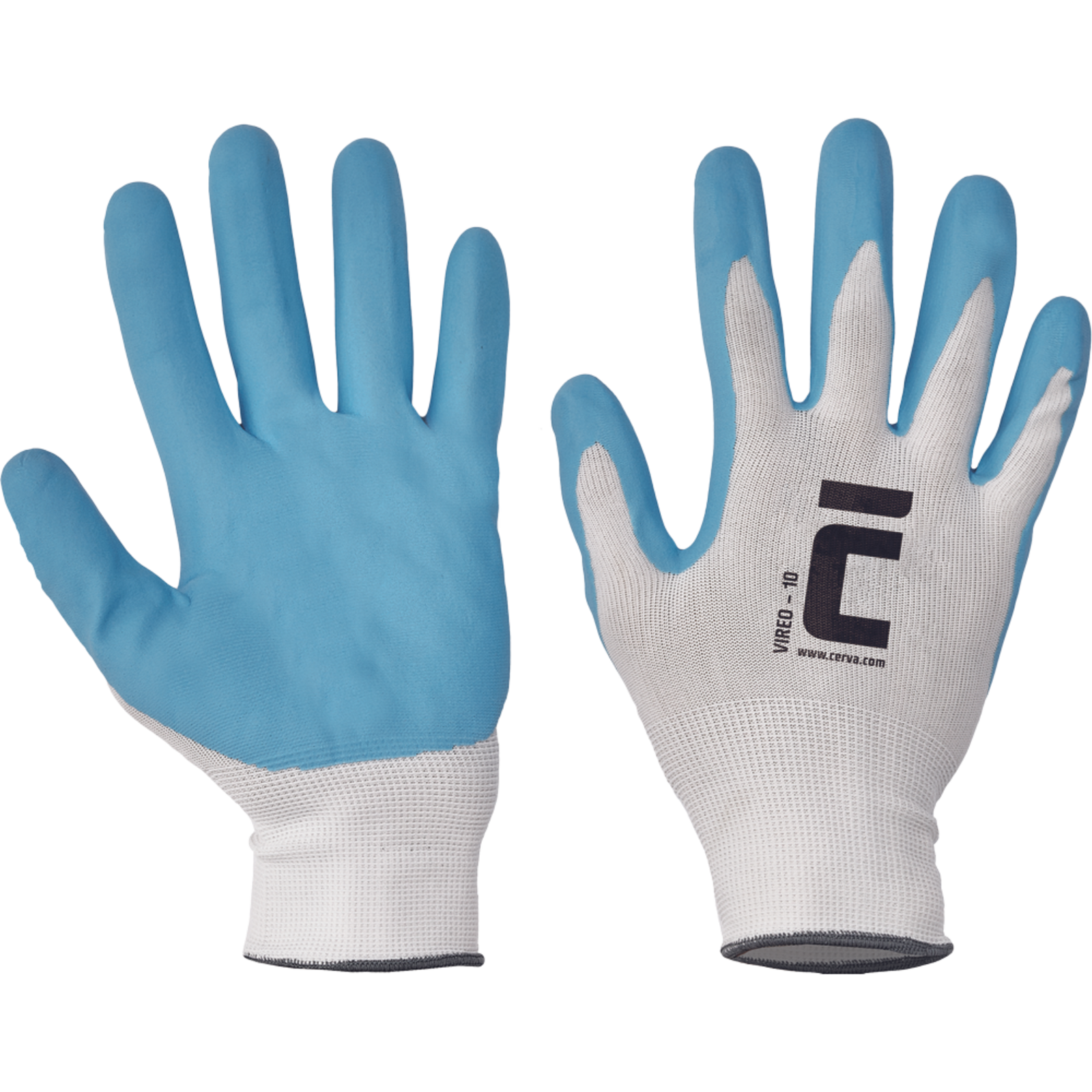 Pracovné rukavice Cerva Vireo, mechanické - univerzálne, máčané nitril - veľkosť: 9/L, farba: biela/modrá