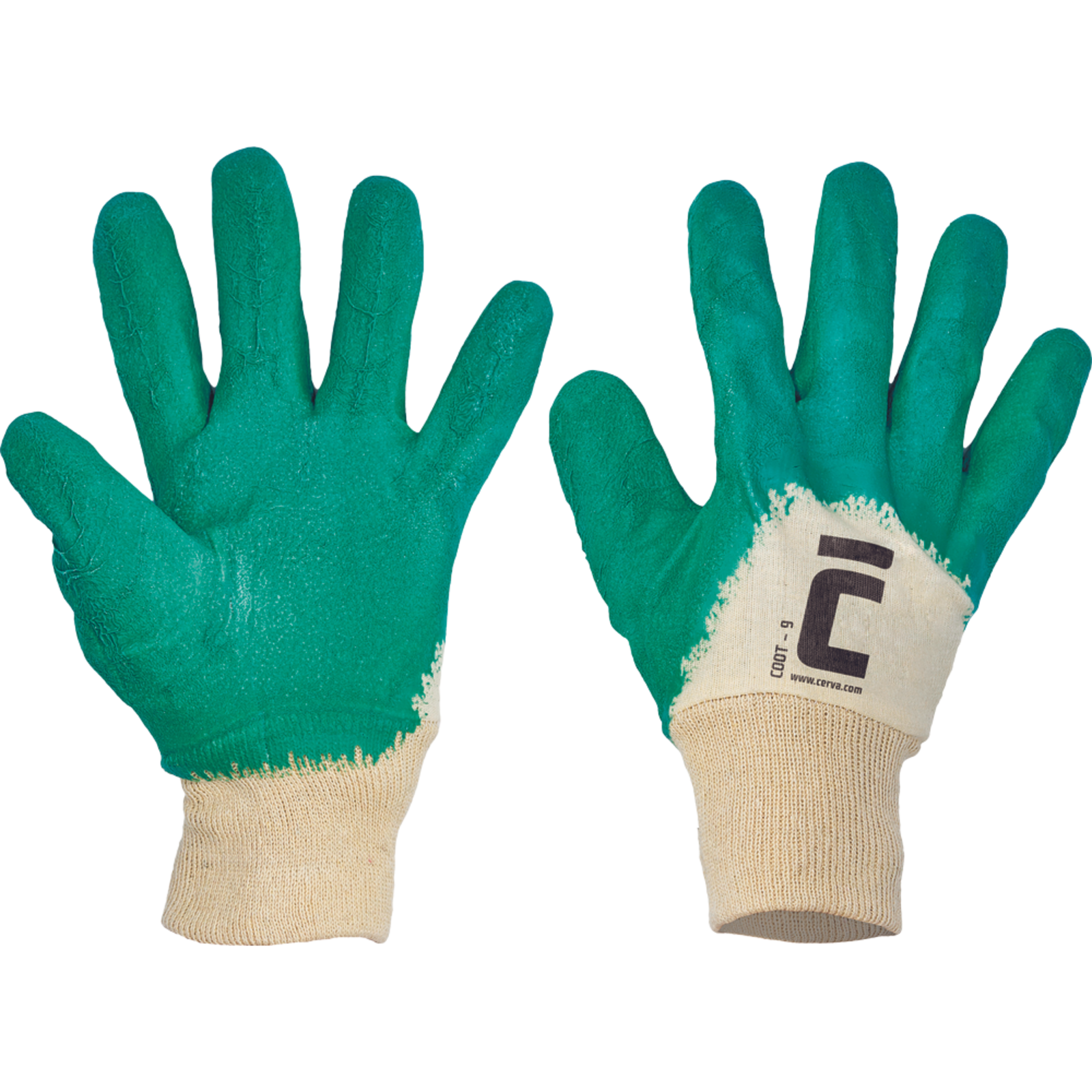 Pracovné rukavice Cerva Coot, mechanické - univerzálne, máčané latex - veľkosť: 8/M, farba: zelená/biela