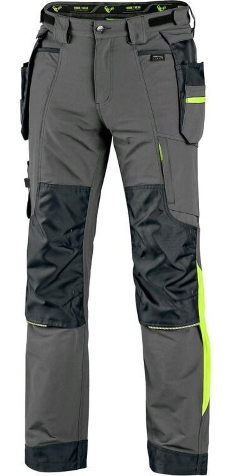 Montérkové nohavice CXS Naos s reflexnými doplnkami - veľkosť: 62, farba: sivá/HV žltá