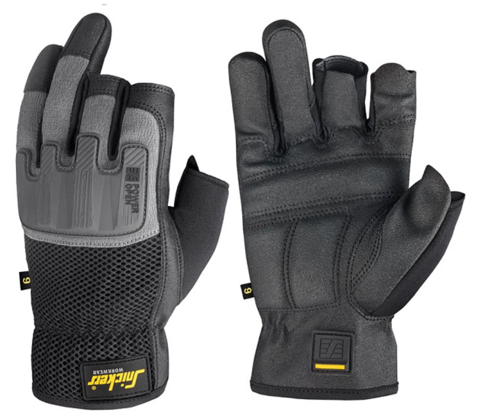 Ochranné rukavice Snickers® Power Open bez prstov - veľkosť: 10/XL, farba: sivá/čierna