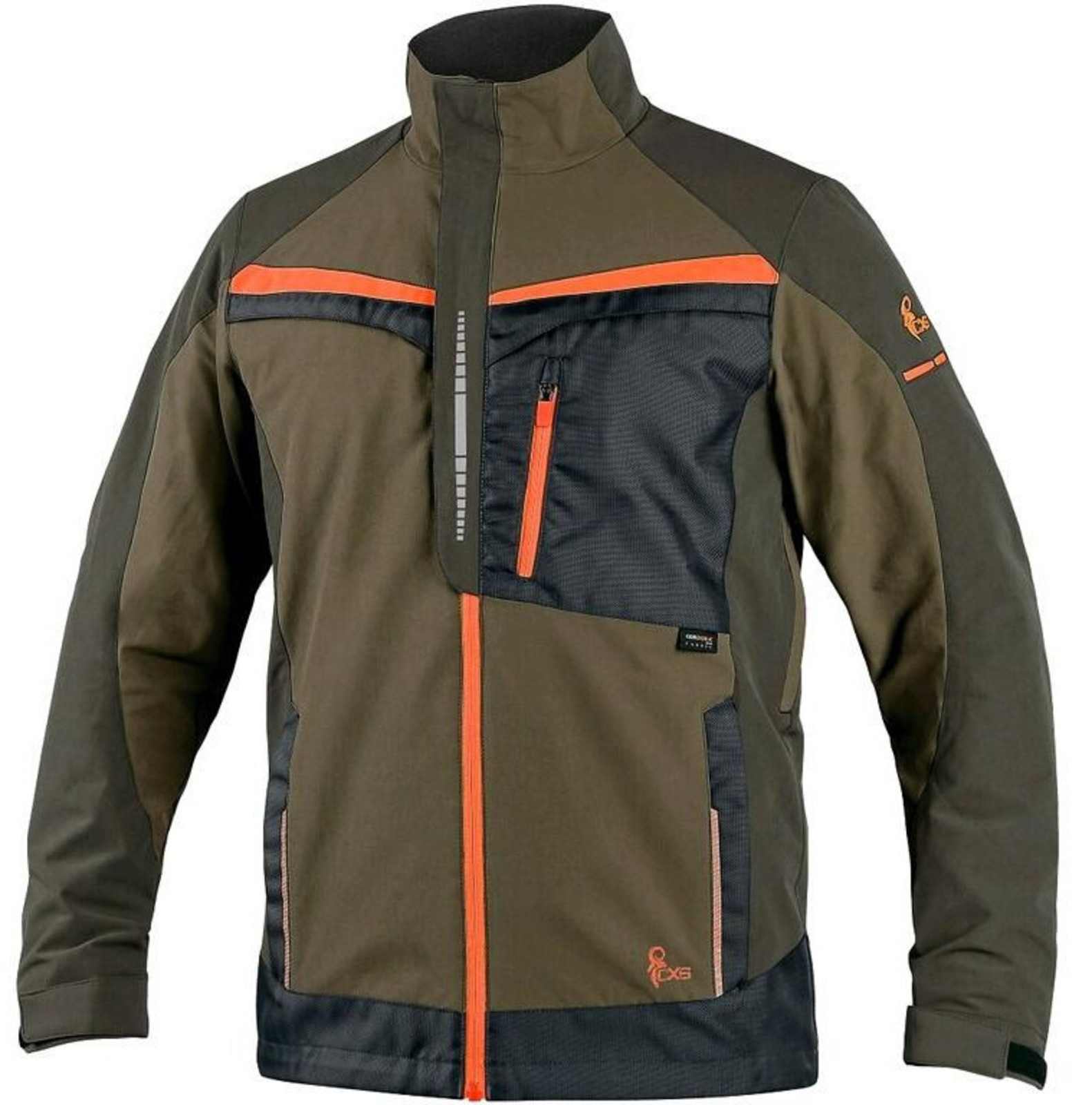 Strečová montérková bunda CXS Naos s reflexnými doplnkami - veľkosť: 60, farba: khaki/oranžová