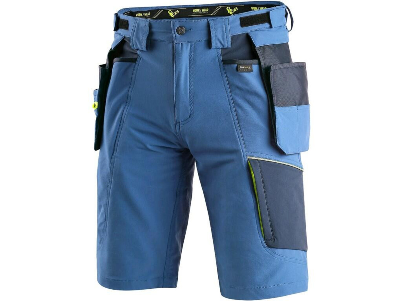 Strečové montérkové šortky CXS Naos s reflexnými doplnkami - veľkosť: 58, farba: modrá/HV žltá