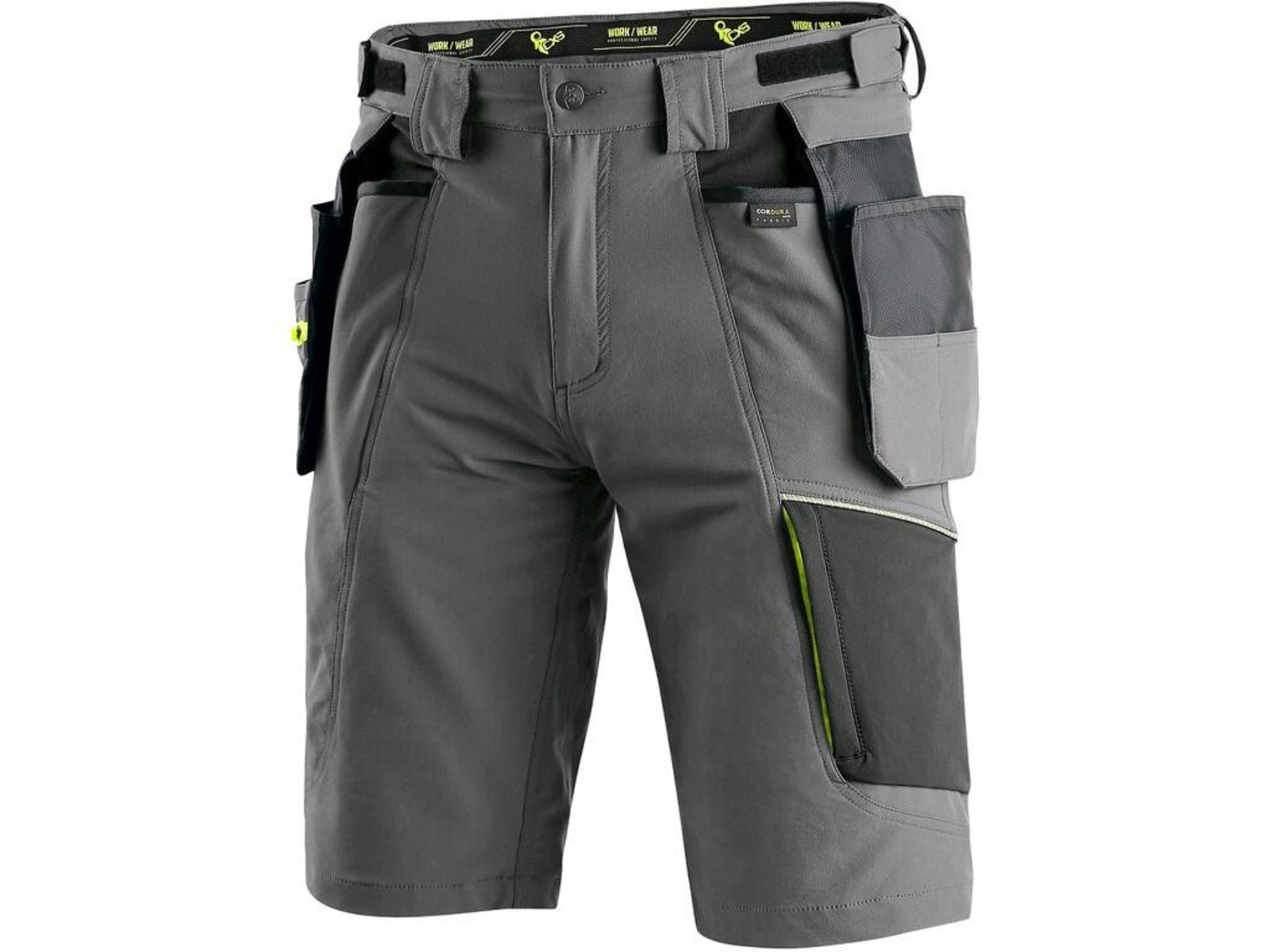 Strečové montérkové šortky CXS Naos s reflexnými doplnkami - veľkosť: 48, farba: sivá/HV žltá