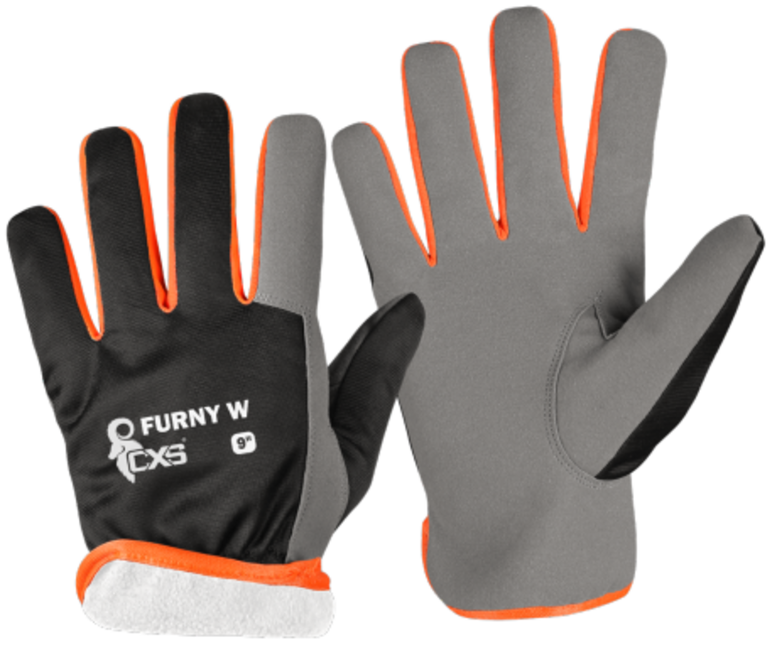 Zimné kombinované mechanické pracovné rukavice CXS Furny Winter - veľkosť: 9/L, farba: čierna/oranžová
